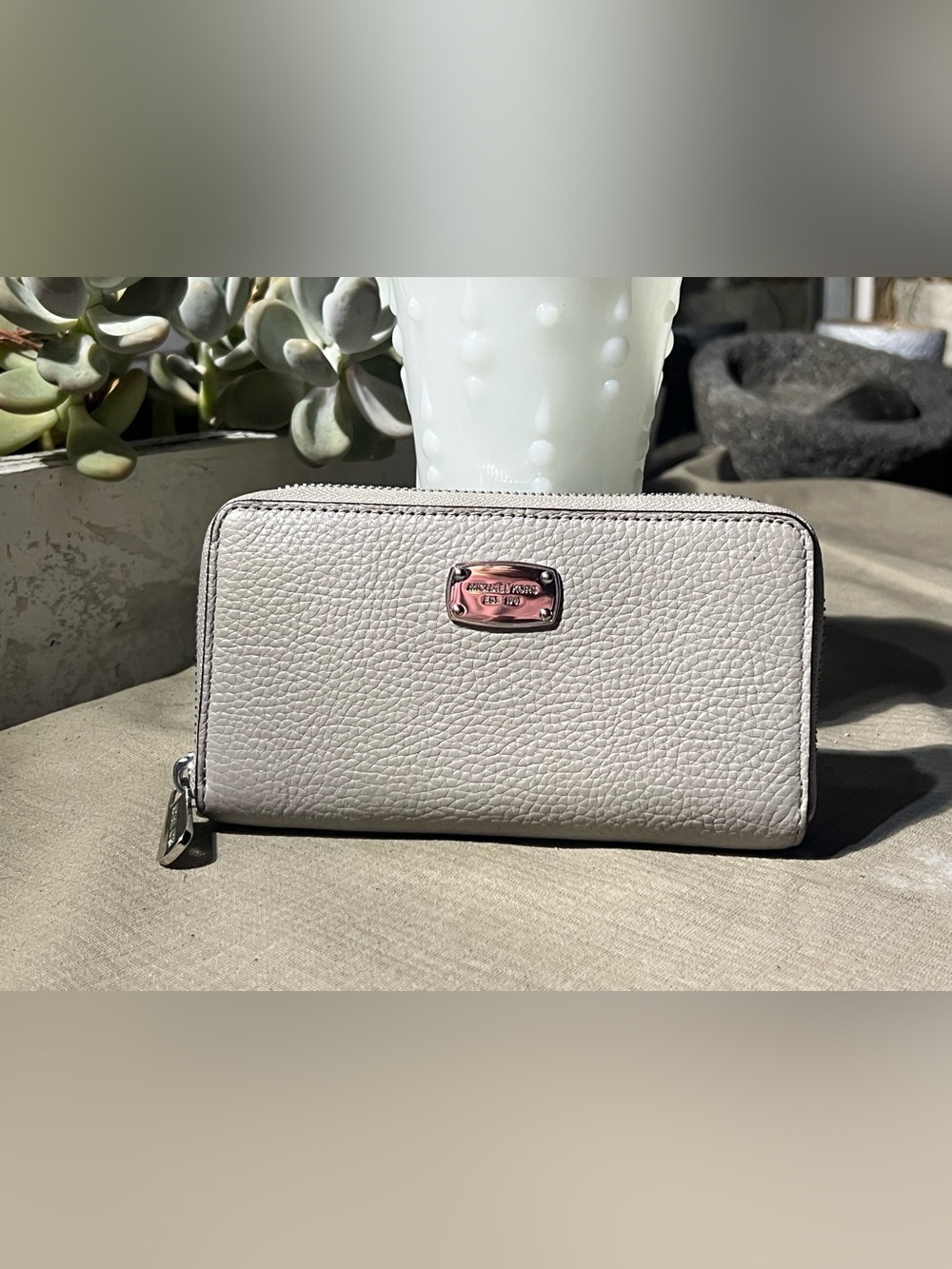Michael Kors Cream Pebbled Leather Zip-Around Wallet with Rose-Gold Logo